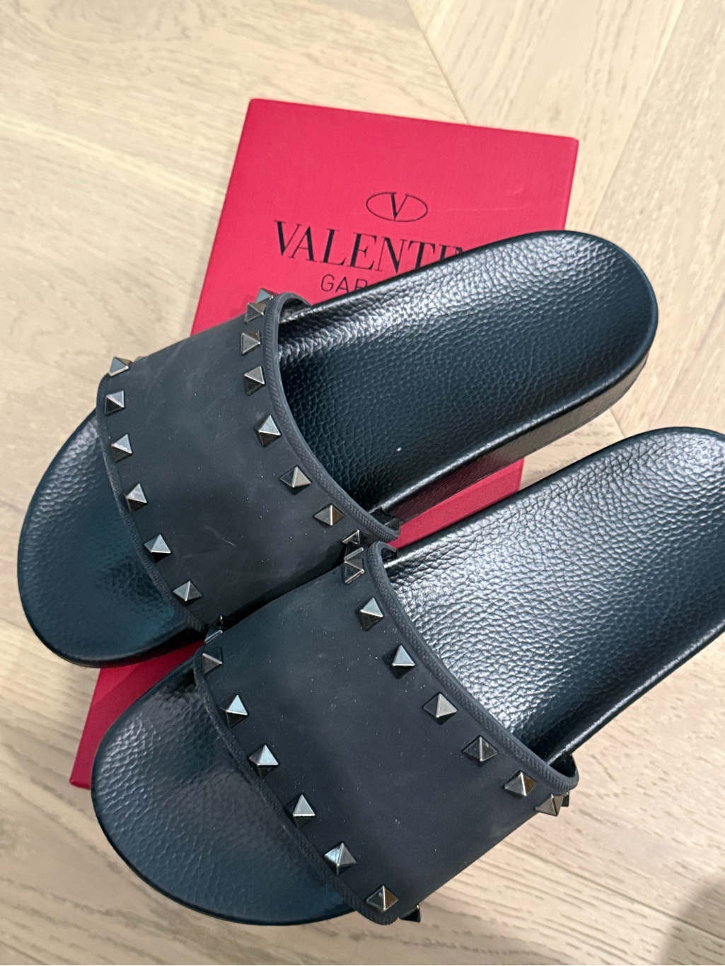 Valentino Black Rockstud Slide Rubber Sandals